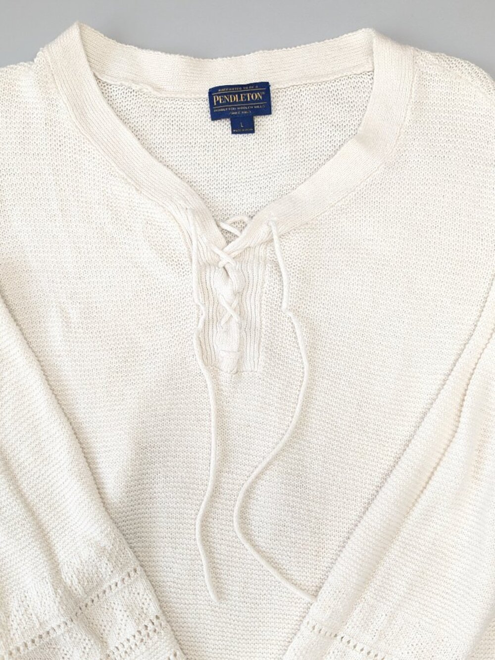 Pendleton Linen Wool Blend Lace Up Sweater Cream Ivory Large